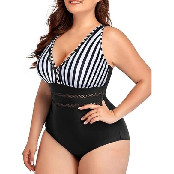 Daci Striped 16W One Piece Swimsuit Tummy Control V-Neck Design Hollow-Out Style - Picture 3 of 10